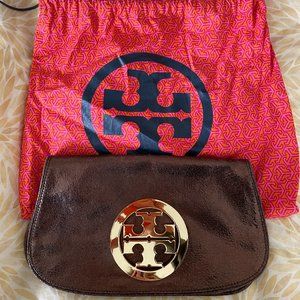 Tory Burch foldover clutch in metallic bronze leather